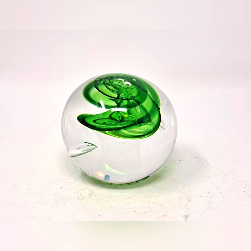 Adam Jablonski Green Swirl Art Glass Paper Weight
